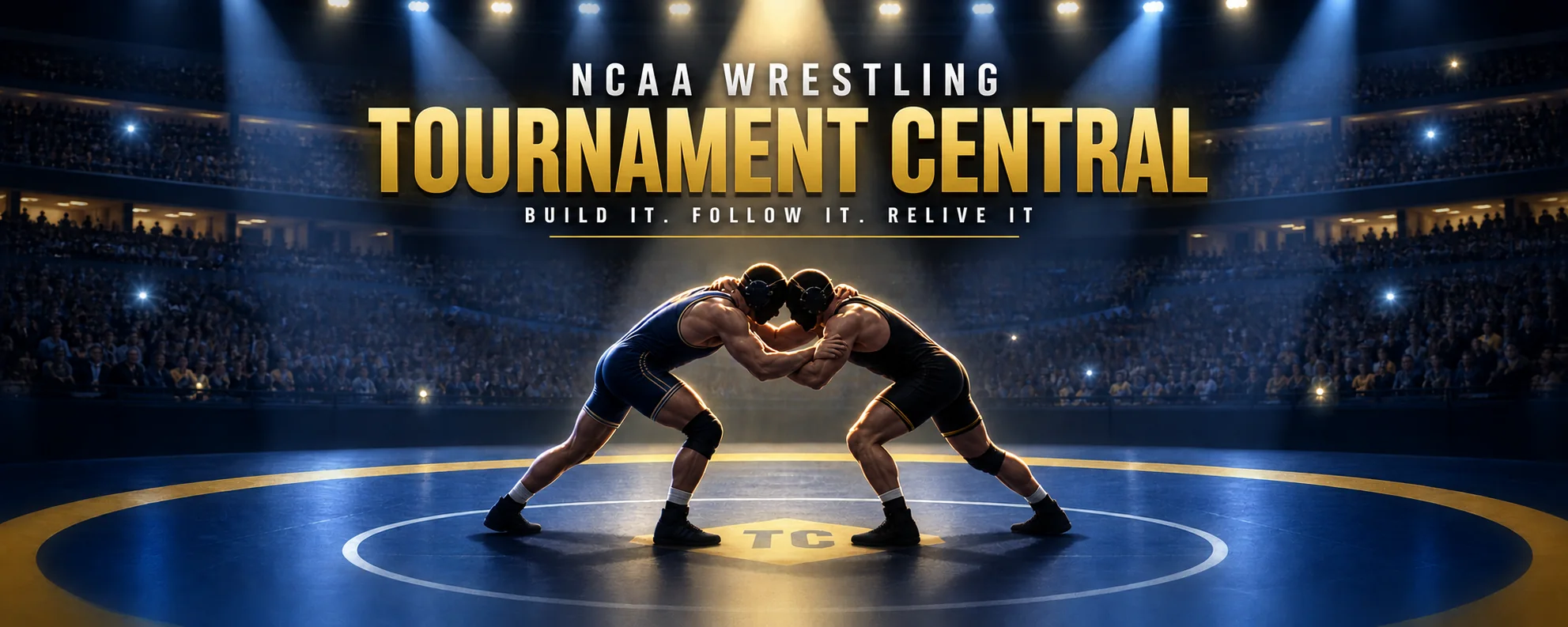 NCAA Wrestling Tournament Central: two wrestlers locked in a collar tie on a TC mat under arena spotlights, in front of a packed crowd